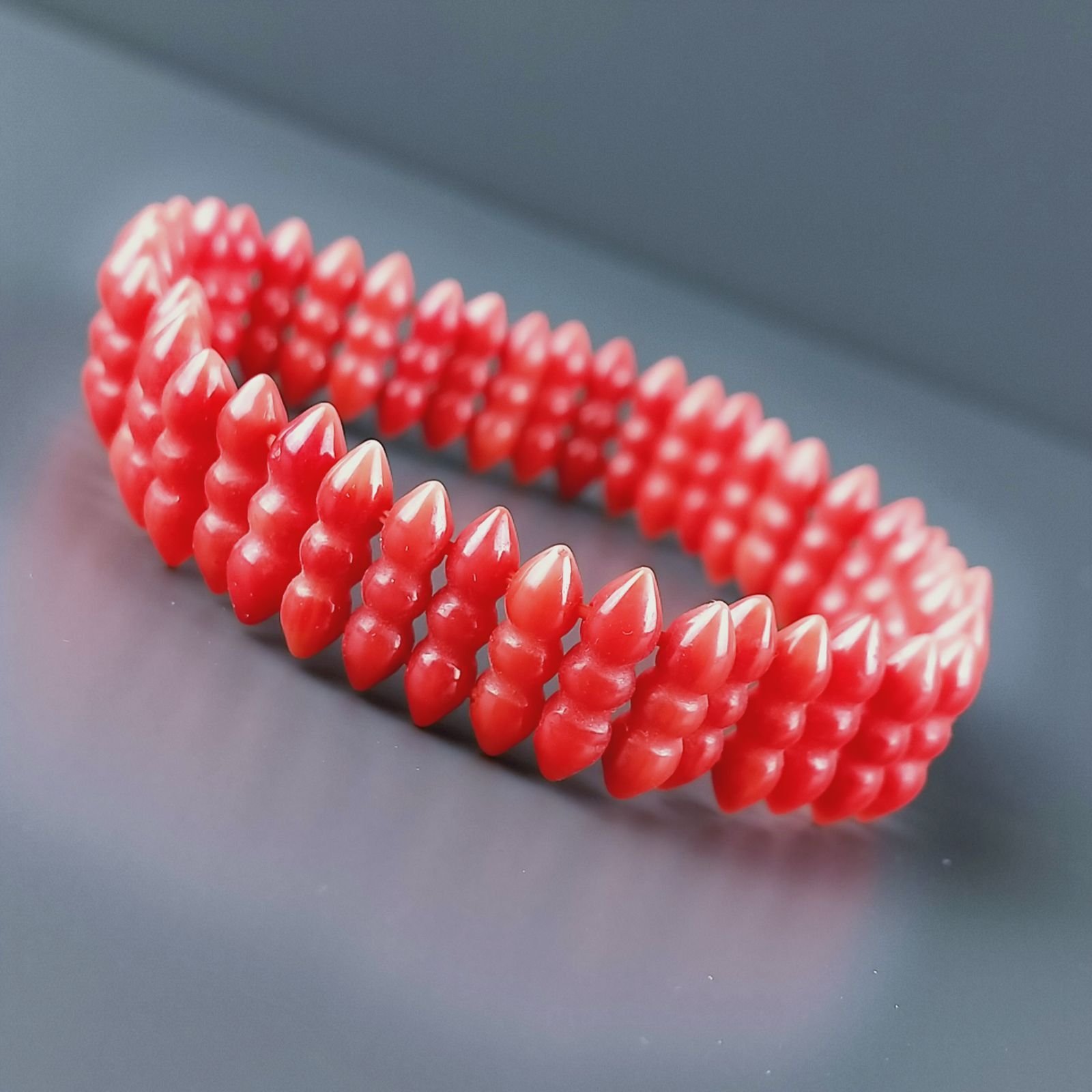Bracciale Di Corallo Bambu Rosso 12mm Forma Etnica in Elastico
