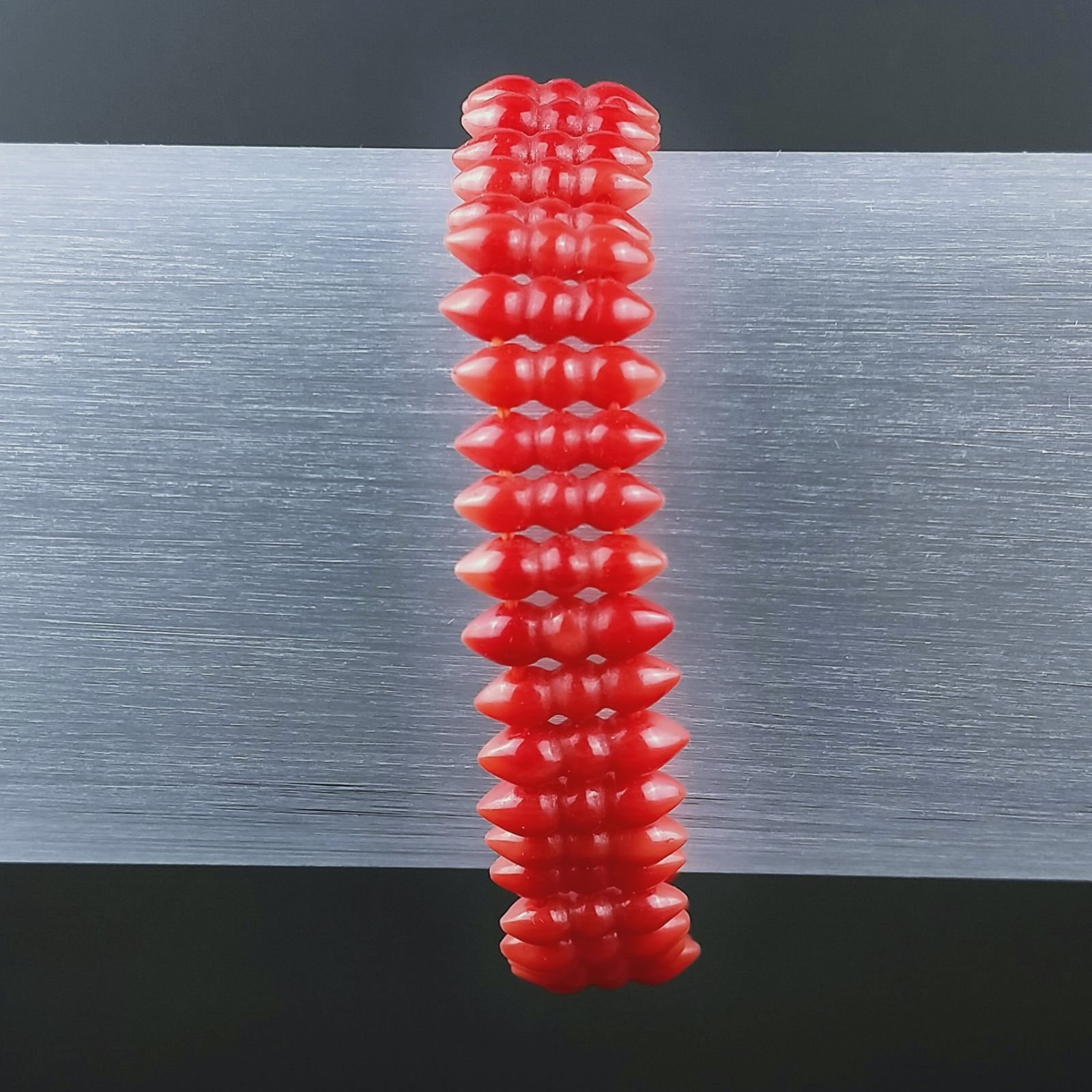 Bracciale Di Corallo Bambu Rosso 12mm Forma Etnica in Elastico