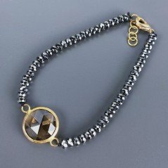 Bracciale di Ematite Rondelle Sfaccettato 04mm con Centrale di Onice Nera e Ottone