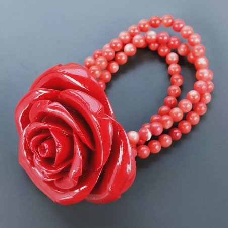 Bracciale A Centrale di Fiore Rosa e 3 Fili Resina di Corallo Tondo Liscio 06mm
