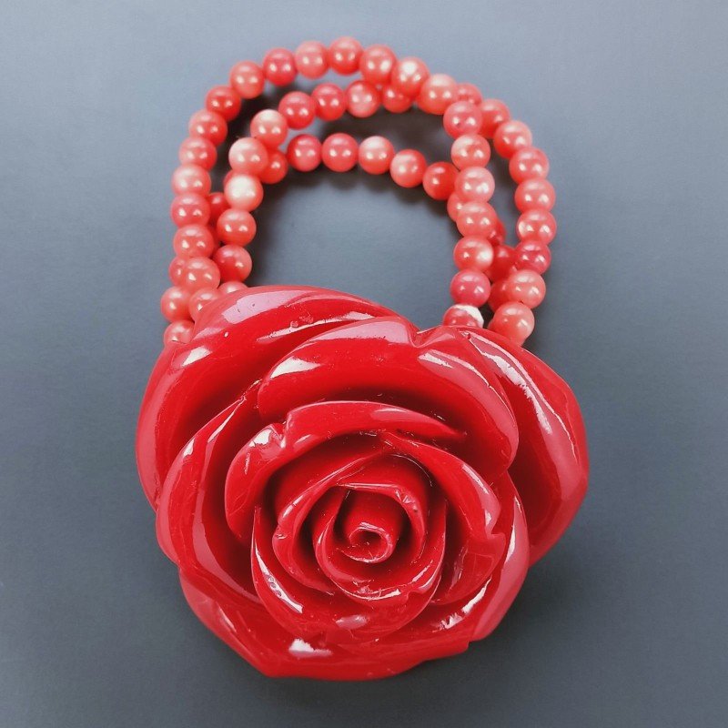 Bracciale A Centrale di Fiore Rosa e 3 Fili Resina di Corallo Tondo Liscio 06mm