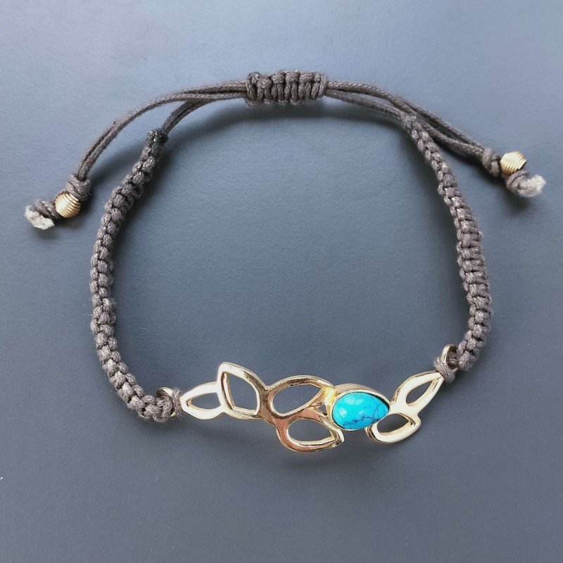 Bracciale Intrecciato con Centrale di Pasta di Turchese in Ottone Dorato e Chiusura Sali e Scendi