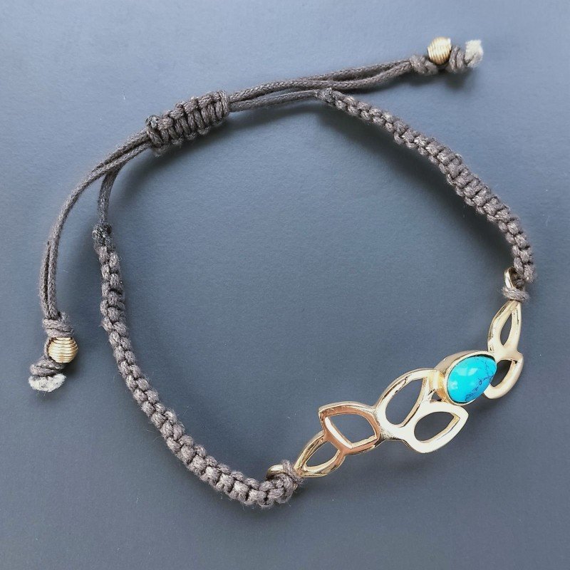 Bracciale Intrecciato con Centrale di Pasta di Turchese in Ottone Dorato e Chiusura Sali e Scendi