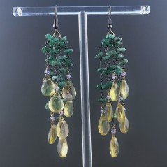 Orecchini Pioggia A Nodo Orafo Brunito Con Avventurina Verde E Quarzo Limone Gocce Piatte Sfaccettate A Mano