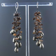 Orecchini Pioggia A Nodo Orafo Argentato Con Occhio Di Tigre E Pirite Naturale Gocce Tonde Sfaccettate A Mano