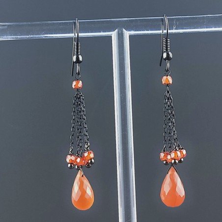 Orecchini A Catena Brunito Con Zircone Arancione Rondelle Sfaccettate E Corniola Gocce Tondo Sfaccettate A Mano