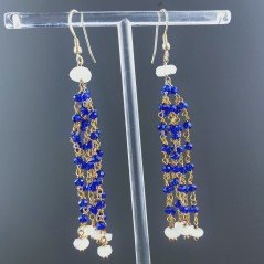Orecchini Pioggia A Nodo Orafo Dorato Con Cristallo Blu Fluo 6 Fili E Pietra Di Luna Rondelle Sfaccettato A Mano