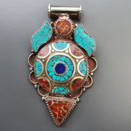 Ciondolo in Ottone Argentato Stile Etnico Simbolico Tibetano con Colori Tradizionali 1pz