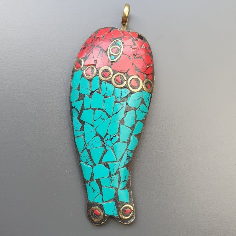 Ciondolo in Ottone Argentato Stile Etnico Simbolico Tibetano con Colori Tradizionali 1pz