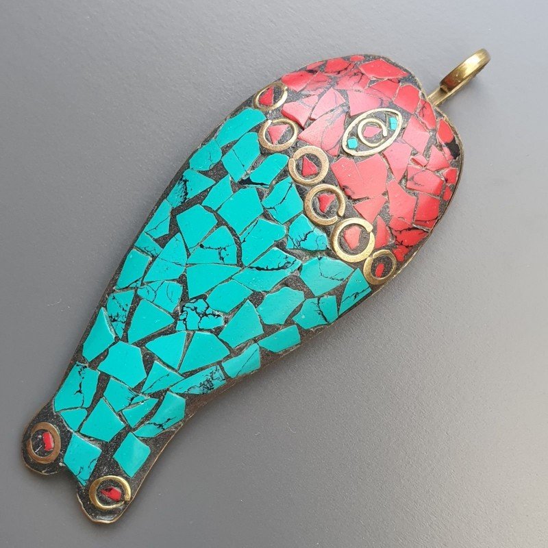 Ciondolo in Ottone Argentato Stile Etnico Simbolico Tibetano con Colori Tradizionali 1pz