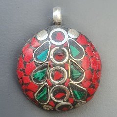 Ciondolo in Ottone Argentato Stile Etnico Simbolico Tibetano con Colori Tradizionali 1pz