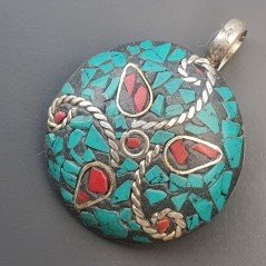Ciondolo in Ottone Argentato Stile Etnico Simbolico Tibetano con Colori Tradizionali 1pz
