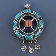 Ciondolo in Ottone Argentato Stile Etnico Simbolico Tibetano con Colori Tradizionali 1pz