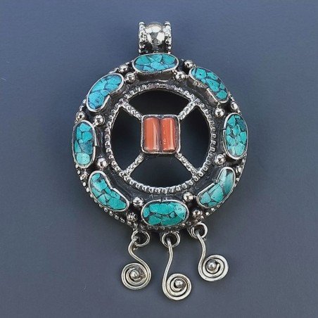 Ciondolo in Ottone Argentato Stile Etnico Simbolico Tibetano con Colori Tradizionali 1pz