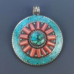 Ciondolo in Ottone Argentato Stile Etnico Simbolico Tibetano con Colori Tradizionali 1pz