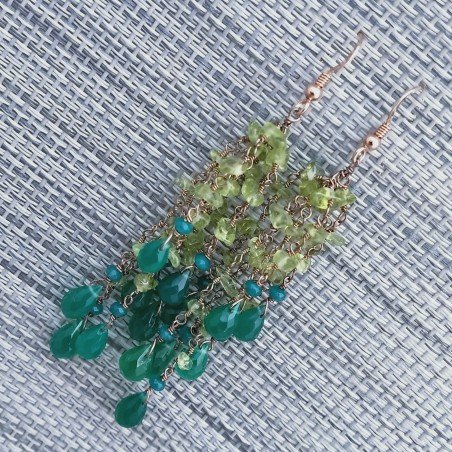 Orecchini Pioggia A Nodo Orafo Rosato Con Peridoto E Onice Verde Gocce Tonde Sfaccettato A Mano