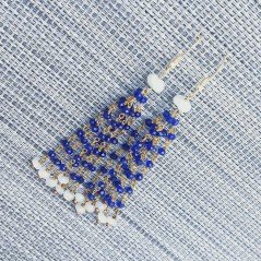 Orecchini Pioggia A Nodo Orafo Dorato Con Cristallo Blu Fluo 6 Fili E Pietra Di Luna Rondelle Sfaccettato A Mano