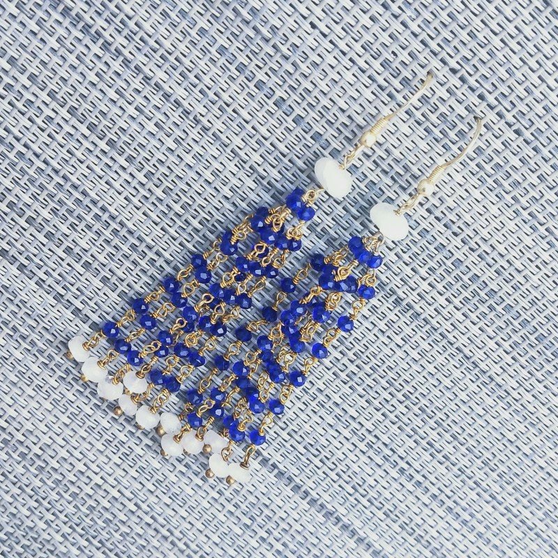 Orecchini Pioggia A Nodo Orafo Dorato Con Cristallo Blu Fluo 6 Fili E Pietra Di Luna Rondelle Sfaccettato A Mano