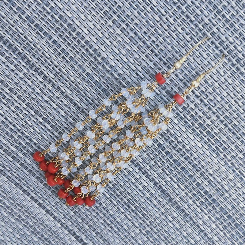 Orecchini Pioggia A Nodo Orafo Dorato Con Opalina 6 Fili E Corallo Bamboo Rosso Cilindro Liscio A Mano