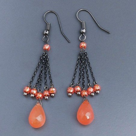 Orecchini A Catena Brunito Con Zircone Arancione Rondelle Sfaccettate E Corniola Gocce Tondo Sfaccettate A Mano