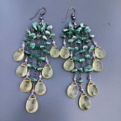 Orecchini Pioggia A Nodo Orafo Brunito Con Avventurina Verde E Quarzo Limone  Gocce Piatte Sfaccettate A Mano