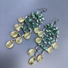 Orecchini Pioggia A Nodo Orafo Brunito Con Avventurina Verde E Quarzo Limone  Gocce Piatte Sfaccettate A Mano