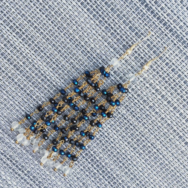 Orecchini Pioggia A Nodo Orafo Dorato Con Cristallo Blu Metallizato 6 Fili E Ametista Verde Rondelle Sfaccettato A Mano