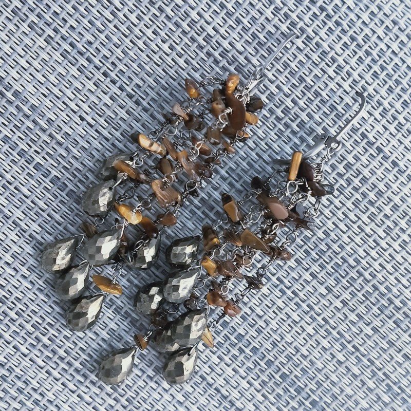 Orecchini Pioggia A Nodo Orafo Argentato Con Occhio Di Tigre E Pirite Naturale Gocce Tonde Sfaccettate A Mano