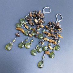 Orecchini Pioggia A Nodo Orafo Argentato Con Occhio Di Tigre E Granato Verde Gocce Piatte Sfaccettate A Mano