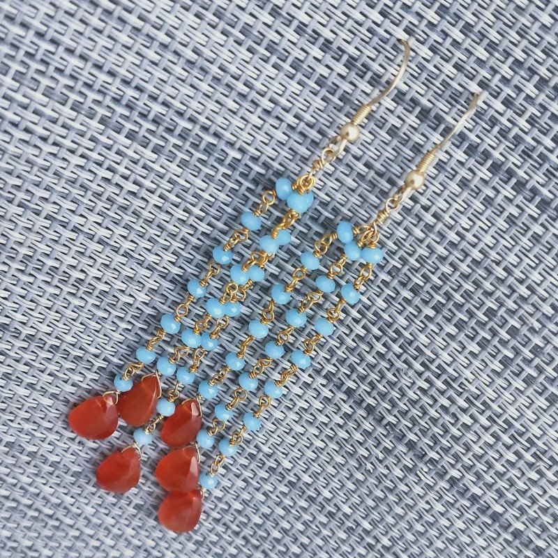 Orecchini A Nodo Orafo Dorato Con Agata Azzurro 3 Fili E Corniola Rossa Gocce Piatte Sfaccettate A Mano