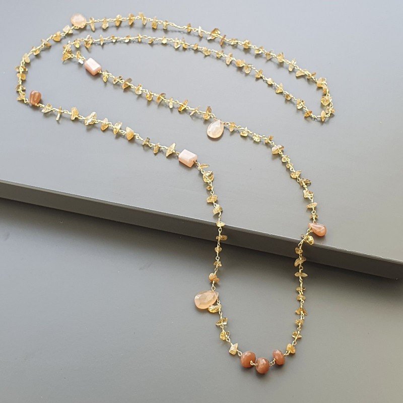 Collana A Nodo Orafo Dorato con Quarzo Citrino E Pietra Di Luna Beige