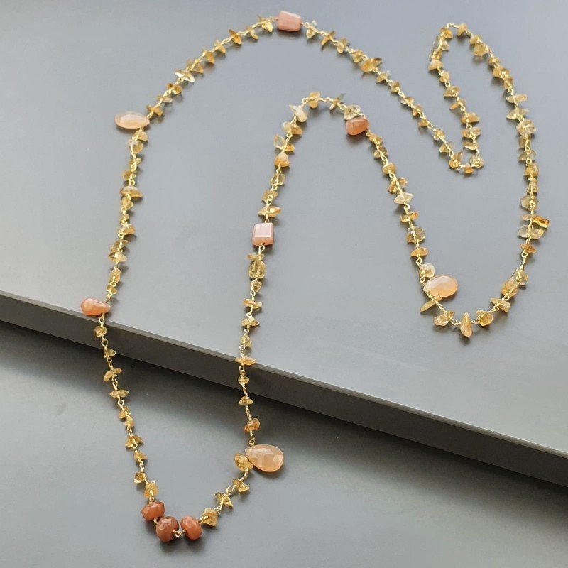 Collana A Nodo Orafo Dorato con Quarzo Citrino E Pietra Di Luna Beige
