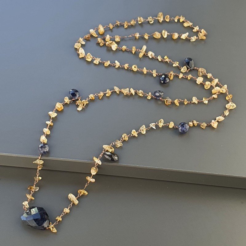 Collana A Nodo Orafo Rosato Con Quarzo Citrino E Iolite