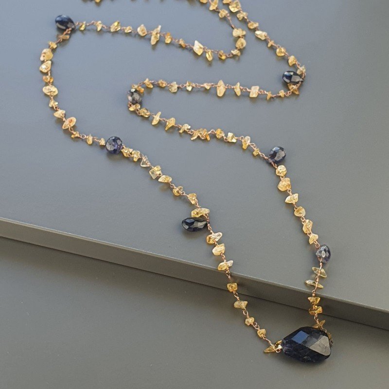 Collana A Nodo Orafo Rosato Con Quarzo Citrino E Iolite