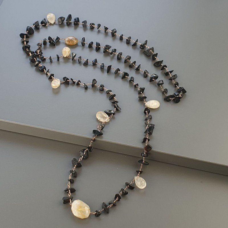 Collana A Nodo Orafo Rosato Con Onice Nera E Quarzo Rutillato Oro