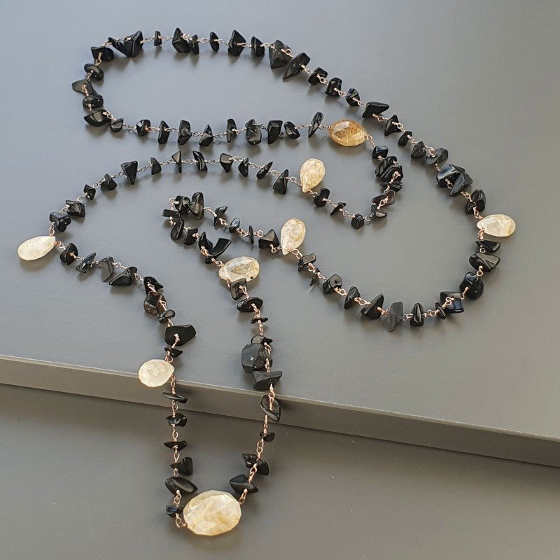 Collana A Nodo Orafo Rosato Con Onice Nera E Quarzo Rutillato Oro