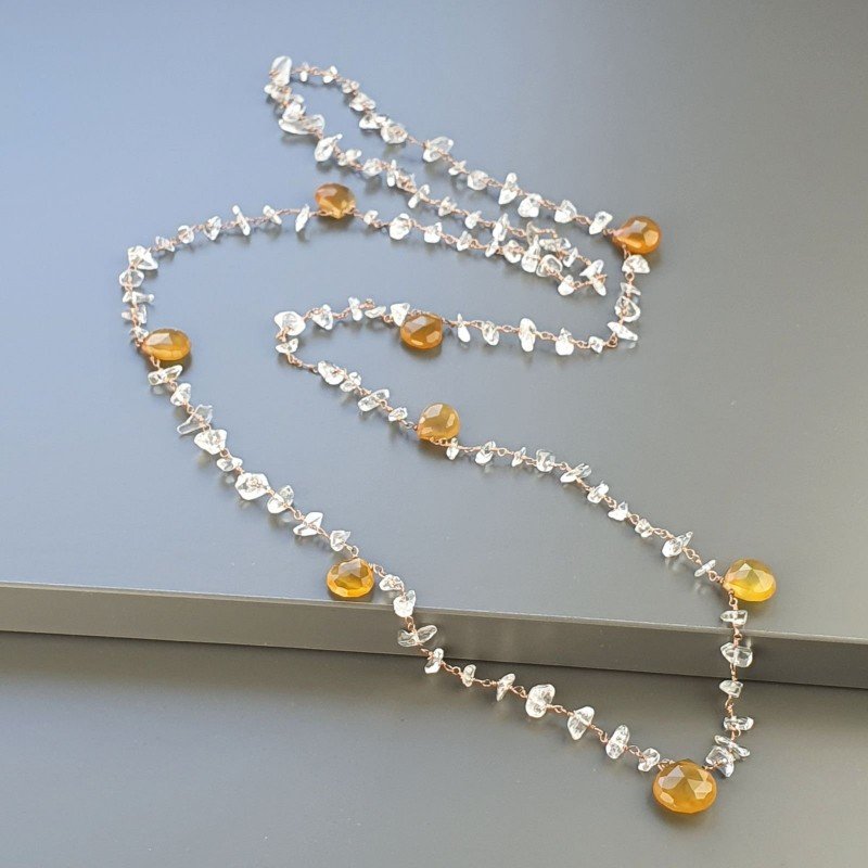 Collana A Nodo Orafo Rosato Con Cristallo Di Rocca E Calcedonio Giallo