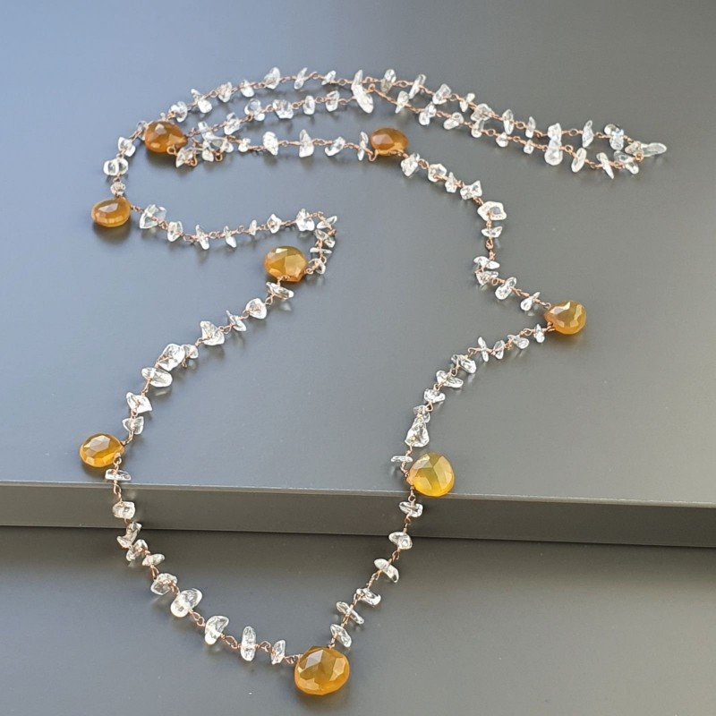 Collana A Nodo Orafo Rosato Con Cristallo Di Rocca E Calcedonio Giallo