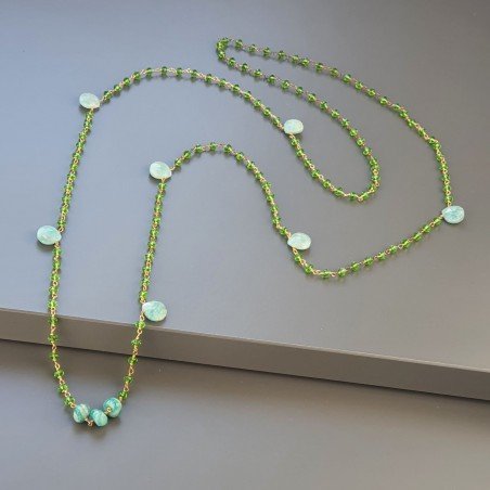 Collana A Nodo Orafo Rosato Con Cristallo Verde E Amazzonite