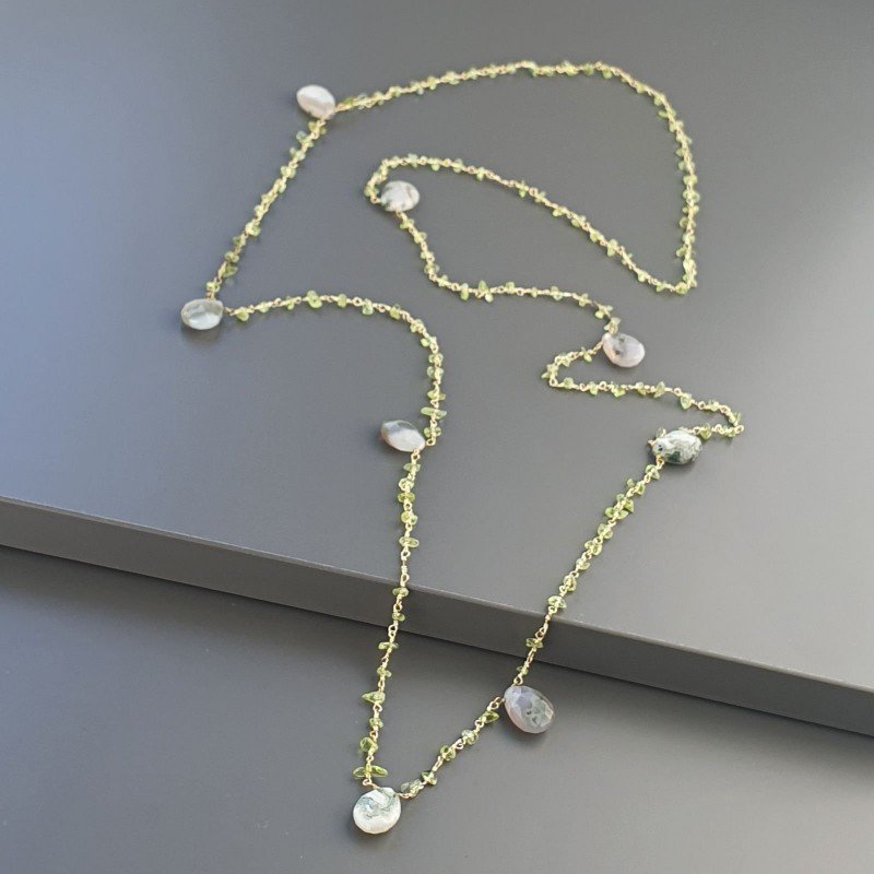 Collana A Nodo Orafo Dorato Con Peridoto E Agata Mushciata