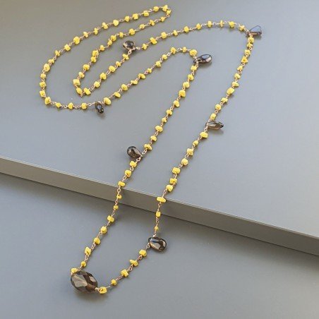 Collana A Nodo Orafo Rosato Con Agata Gialla E Quarzo Fume