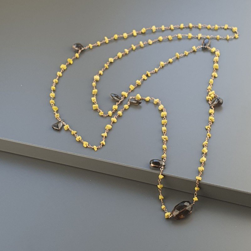 Collana A Nodo Orafo Rosato Con Agata Gialla E Quarzo Fume