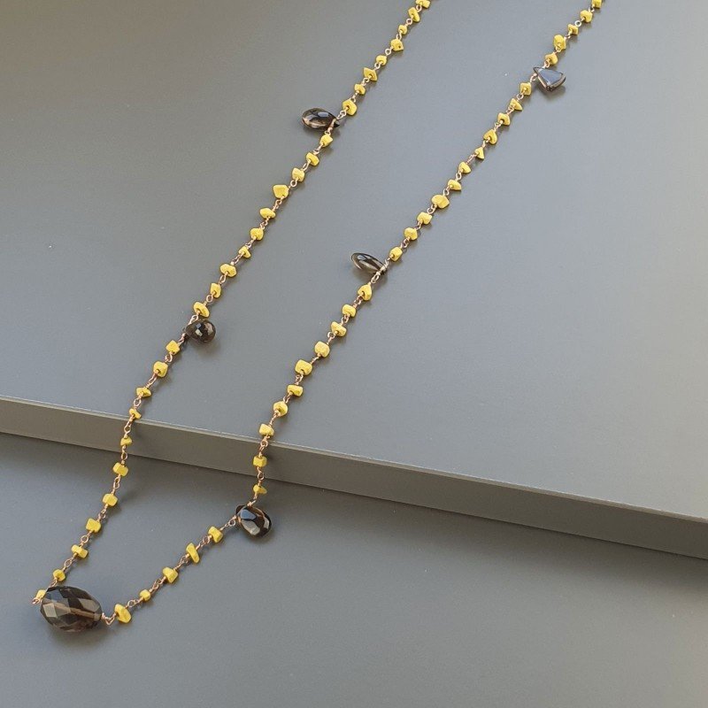 Collana A Nodo Orafo Rosato Con Agata Gialla E Quarzo Fume