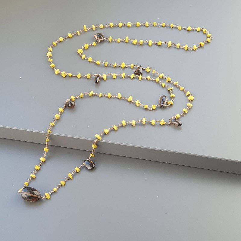 Collana A Nodo Orafo Rosato Con Agata Gialla E Quarzo Fume