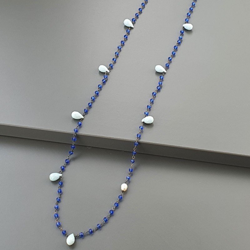 Collana A Nodo Orafo Brunito Con Cristallo Blu E Calcedonio
