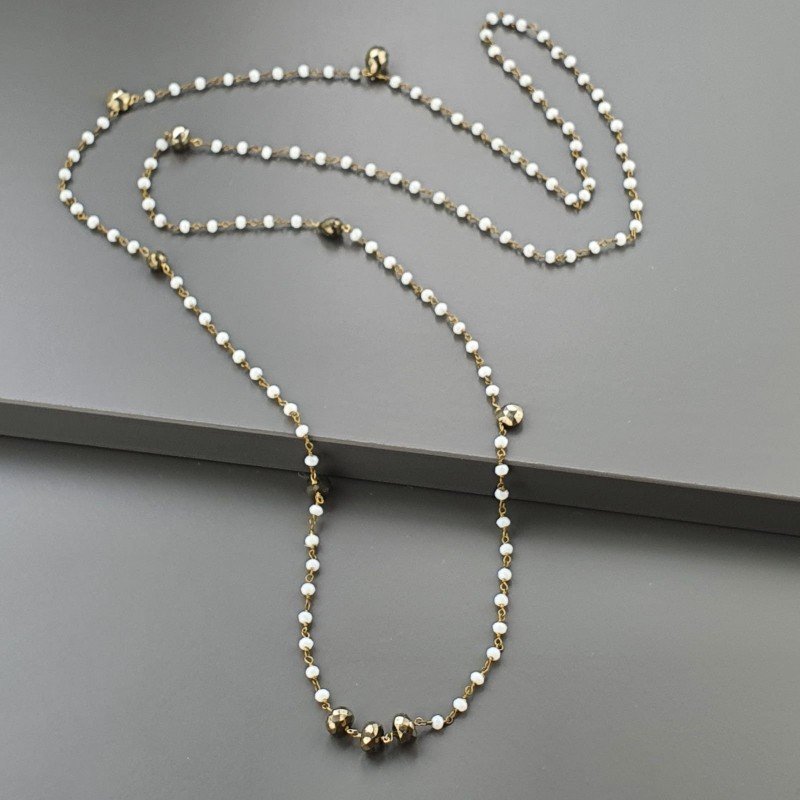 Collana A Nodo Orafo Dorato Con Cristallo Opaco E Pirite Naturale
