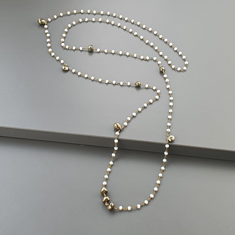 Collana A Nodo Orafo Dorato Con Cristallo Opaco E Pirite Naturale