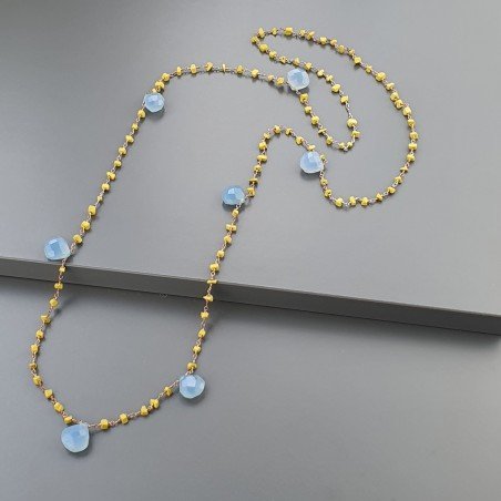 Collana A Nodo Orafo Rosato Con Agata Gialla E Calcedonio Blu