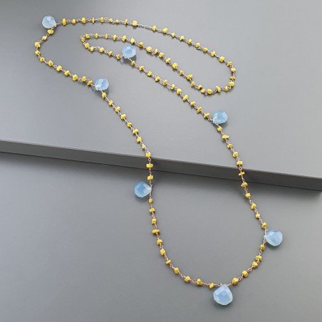 Collana A Nodo Orafo Rosato Con Agata Gialla E Calcedonio Blu