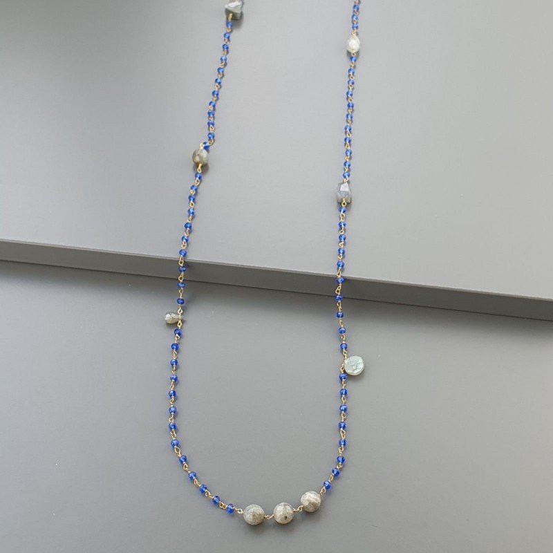 Collana A Nodo Orafo Dorato Con Cristallo Blu E Labradorite